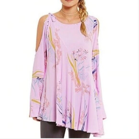 FREE PEOPLE Fall Dress Tunic Clear Skies Lilac Shift Cold Shoulder Floral Large - Picture 3 of 14